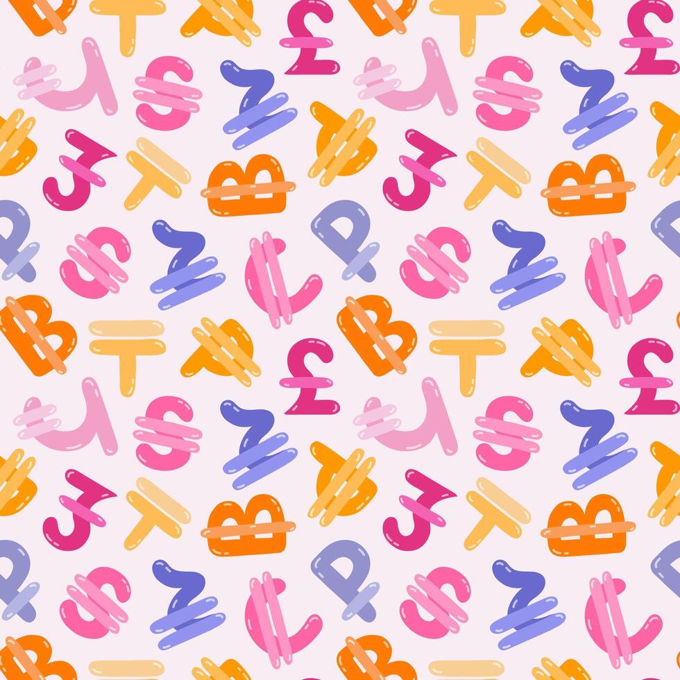 Playful simple seamless pattern with different international currency symbols. Bright background with hand drawn doodle of money signs in naive style for wrapping paper, background, fabric, scrapbook. vector