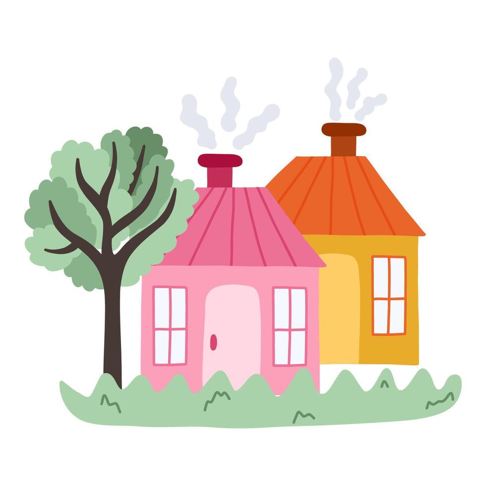 Cute hand drawn country house with door, window, chimney. Cozy village cottage with tree and lawn for kid's bedroom or nursery design. Exterior of home, village buildings, countryside home landscape vector