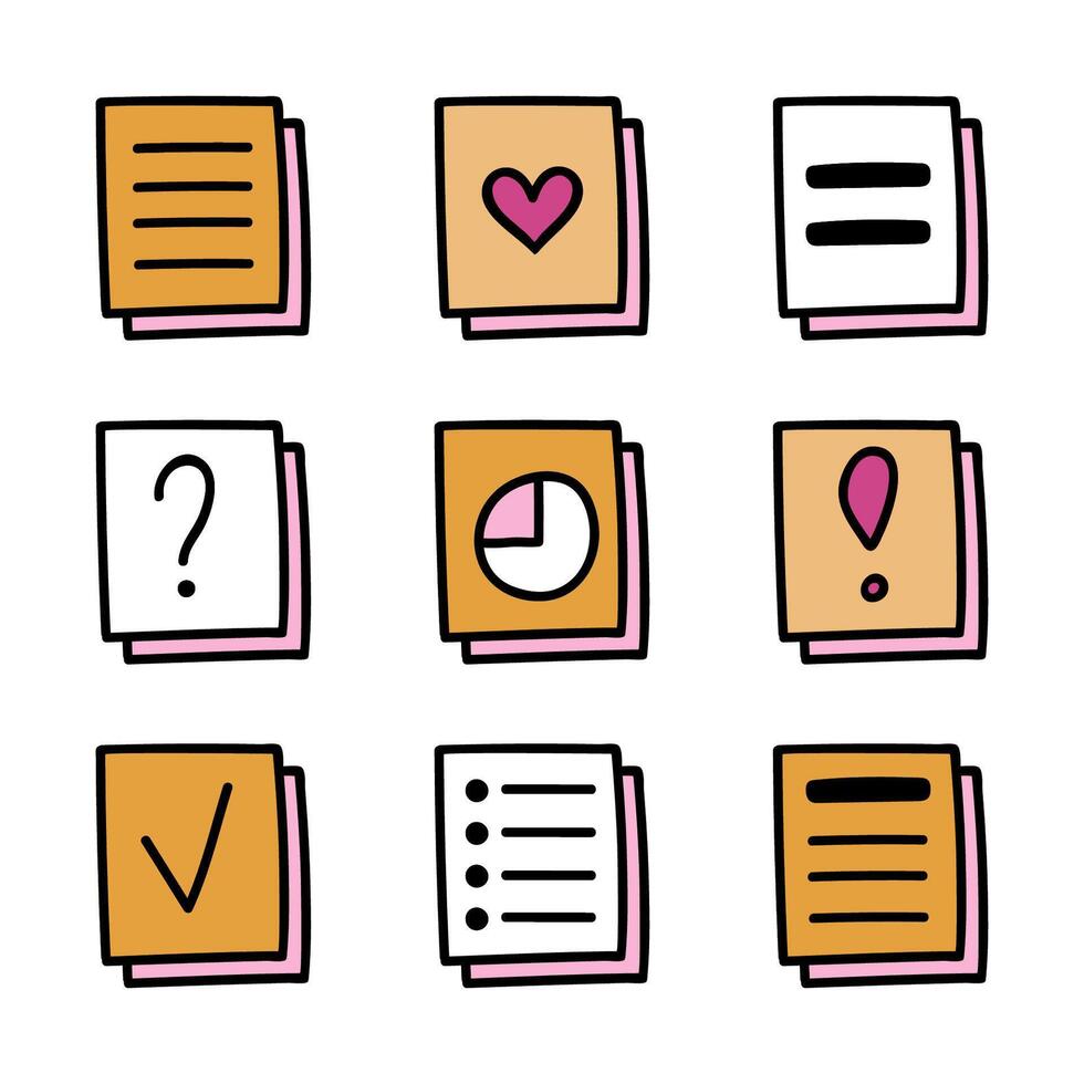 Set of business stickers. Notepad sticky sticker in hipster style with list, information, question mark, exclamation point header. Vector hand drawn doodle with outline. Cute business illustration.