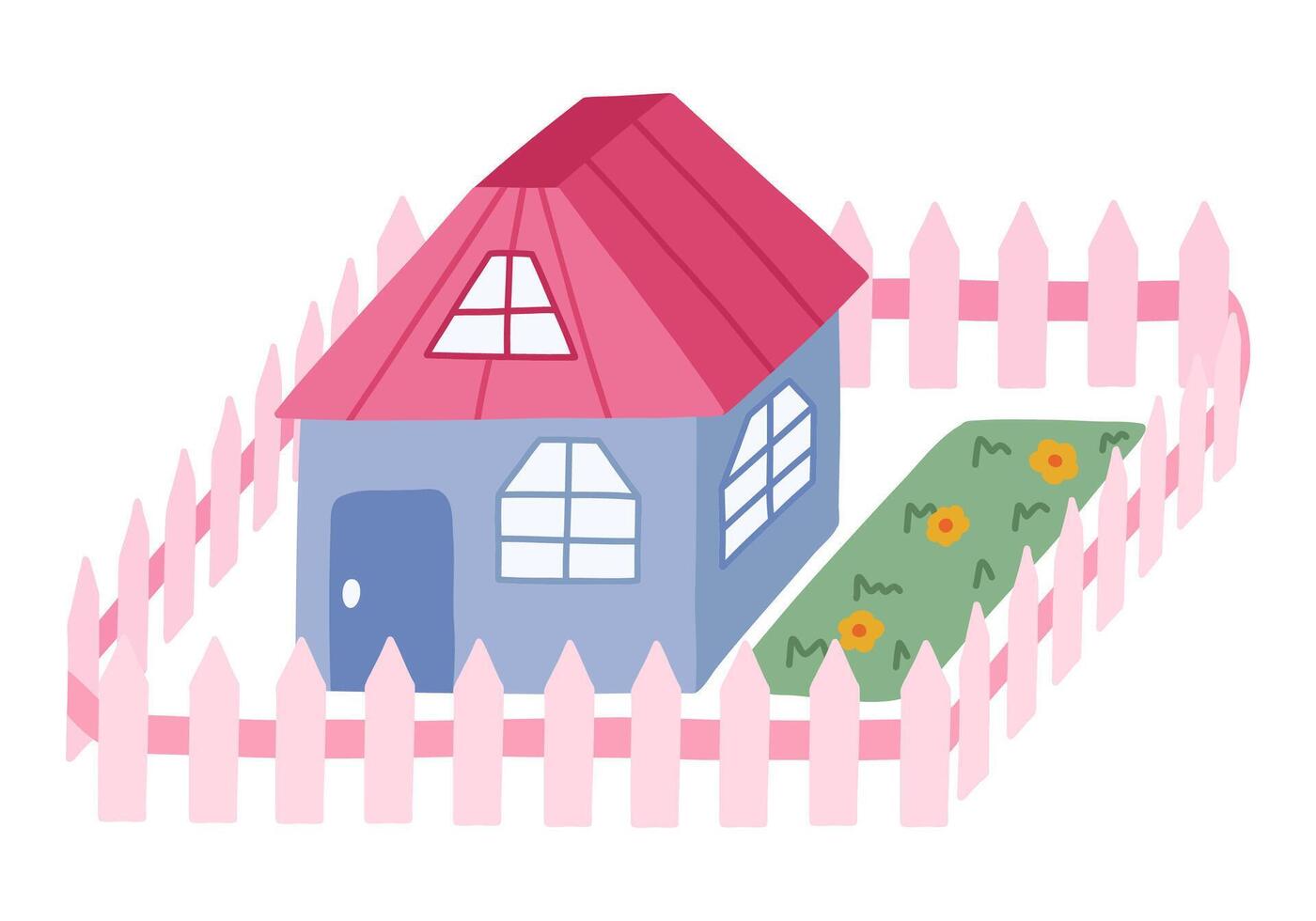 Cute hand drawn country house with door, window, attic. Cozy village cottage with fence, flowers for kid's bedroom or nursery design. Exterior of home, village buildings, countryside home landscape vector