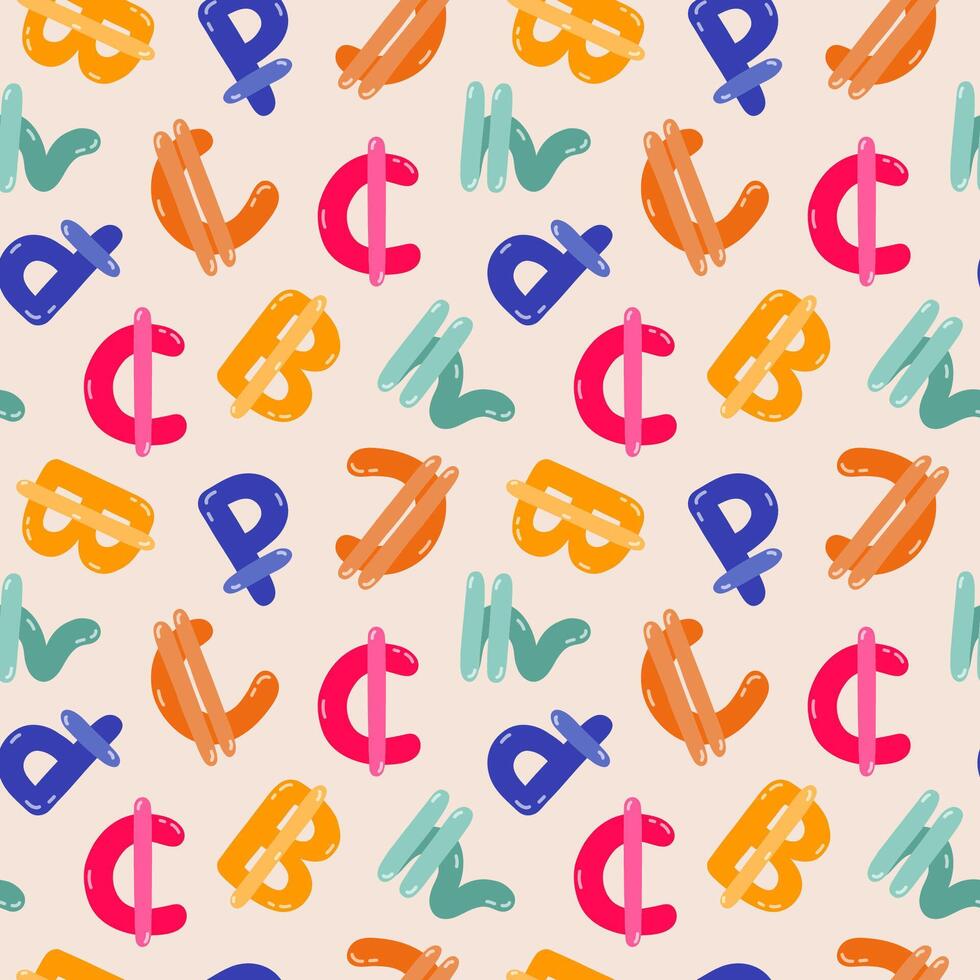 Playful simple seamless pattern with different international currency symbols. Bright background with hand drawn doodle of money signs in naive style for wrapping paper, background, fabric, scrapbook. vector