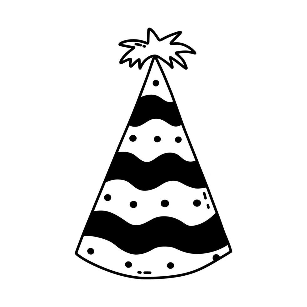 Birthday party hat with palm above. Sketch of party cone and Christmas cap with cute decoration. Simple vector black doodle with hand drawn outline isolated on white background