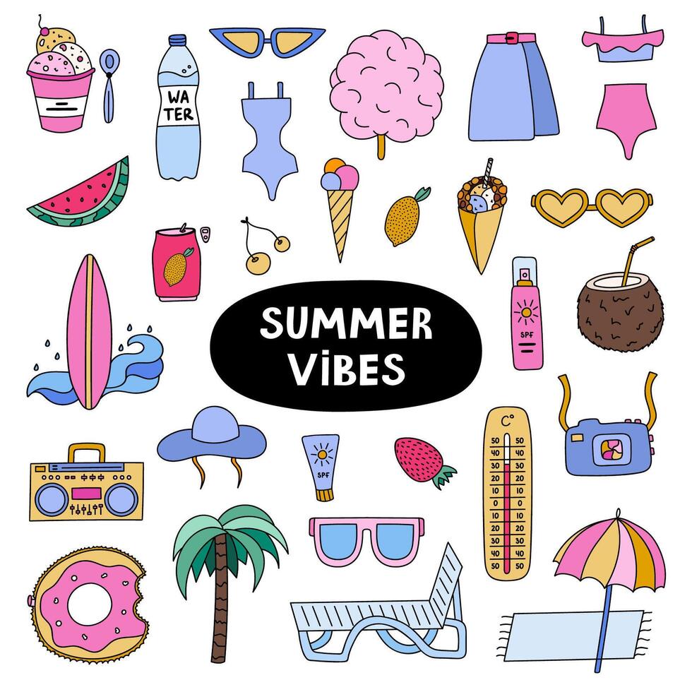 Big trendy set about summer holiday, tropical beach, hot weather, summer rest. Hand drawn vector vacation set in flat style. Isolated doodle and clipart. Seasonal drinks, entertainment, outfits