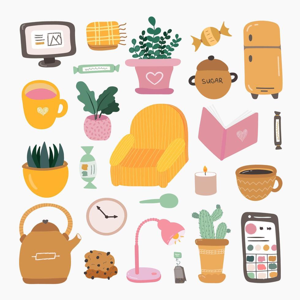 Set with hand drawn clipart of cozy home. Beautiful flat retro vector illustration. Scandinavian room interior decoration. Cozy apartment with armchair, home plants, computer, book, candle, mugs, tea
