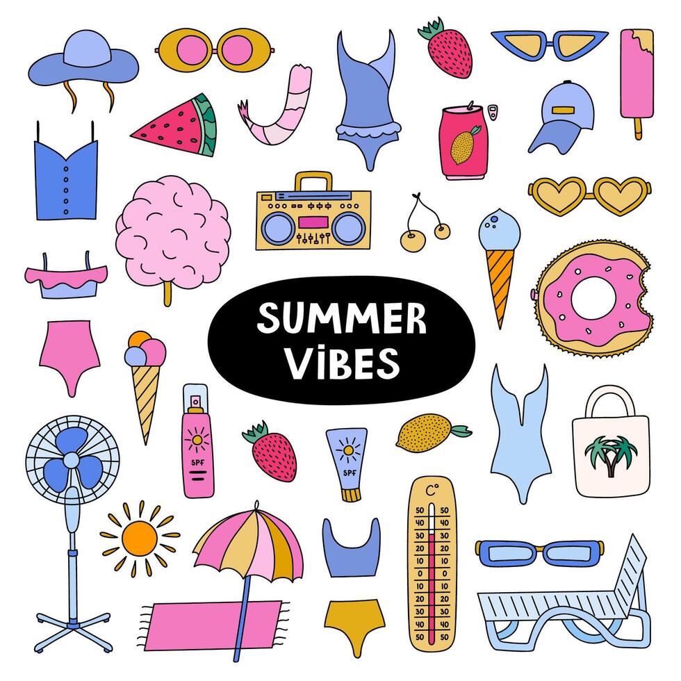 Big trendy set about summer holiday, tropical beach, hot weather, summer rest. Hand drawn vector vacation set in flat style. Isolated doodle and clipart. Seasonal drinks, entertainment, outfits