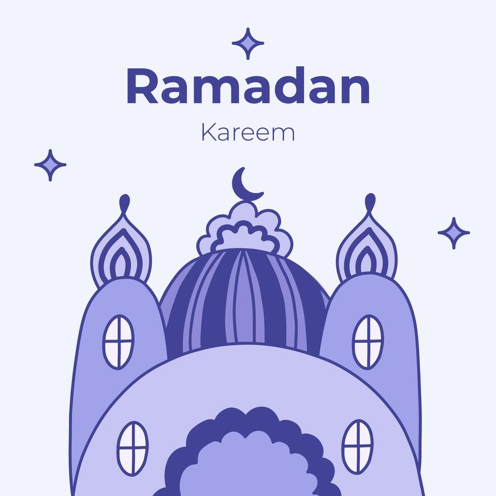 Poster for Ramadan Kareem in childish naive style. Islamic greeting card with mosque, moon crescent, stars in the sky. Template for banner, website design, media for Ramadan month events vector