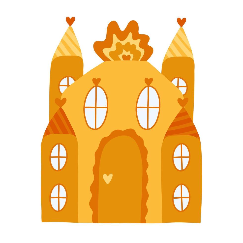 Cute patterned fairy tale castle with towers of kings and queens. Magic medieval castle for kids nursery, children posters, bedroom design. Vector hand drawn doodle of royal kingdom