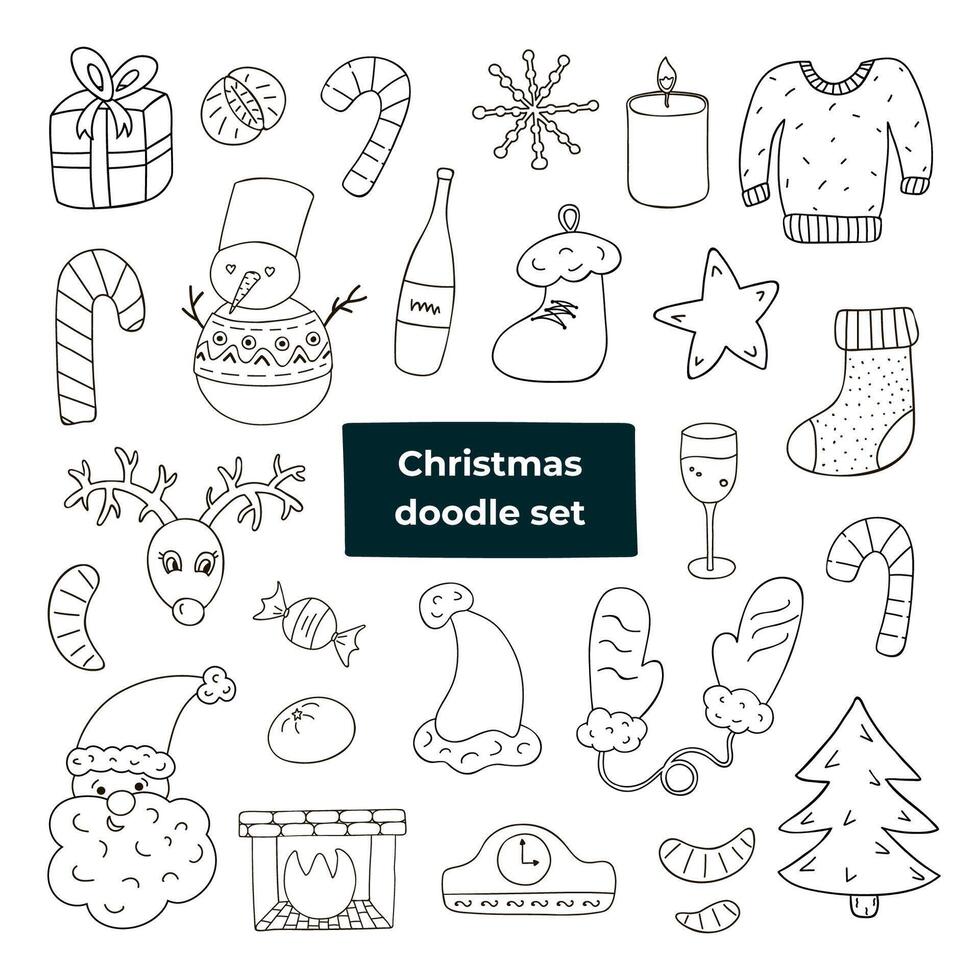 Set of Christmas doodle in flat style. Hand drawn vector illustration with outline. Red christmas, festive gift box, celebration. New Year signs for sticker, planner, scrap element, social media.