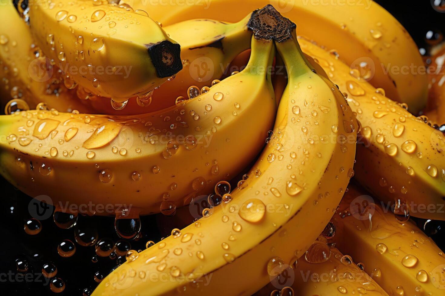 AI generated Ripe bananas with water drops and green leaves on a dark backdrop, emphasizing freshness and natural appeal photo