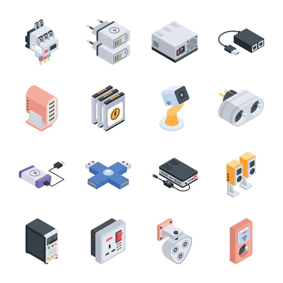 isométrica íconos de electrónico componentes y dispositivos vector