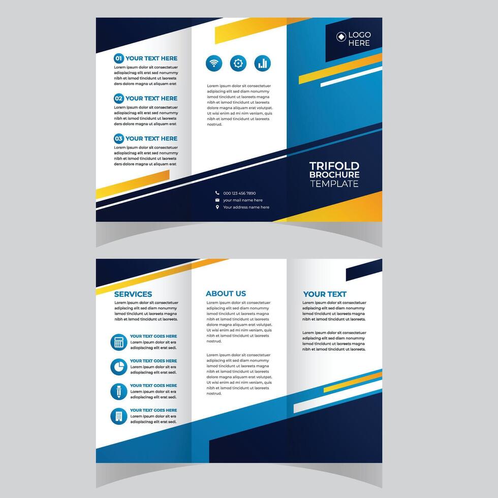 Business trifold brochure design template. Vector design of a modern, imaginative, and expert tri-fold brochure. Clean, uncomplicated promotional design with blue