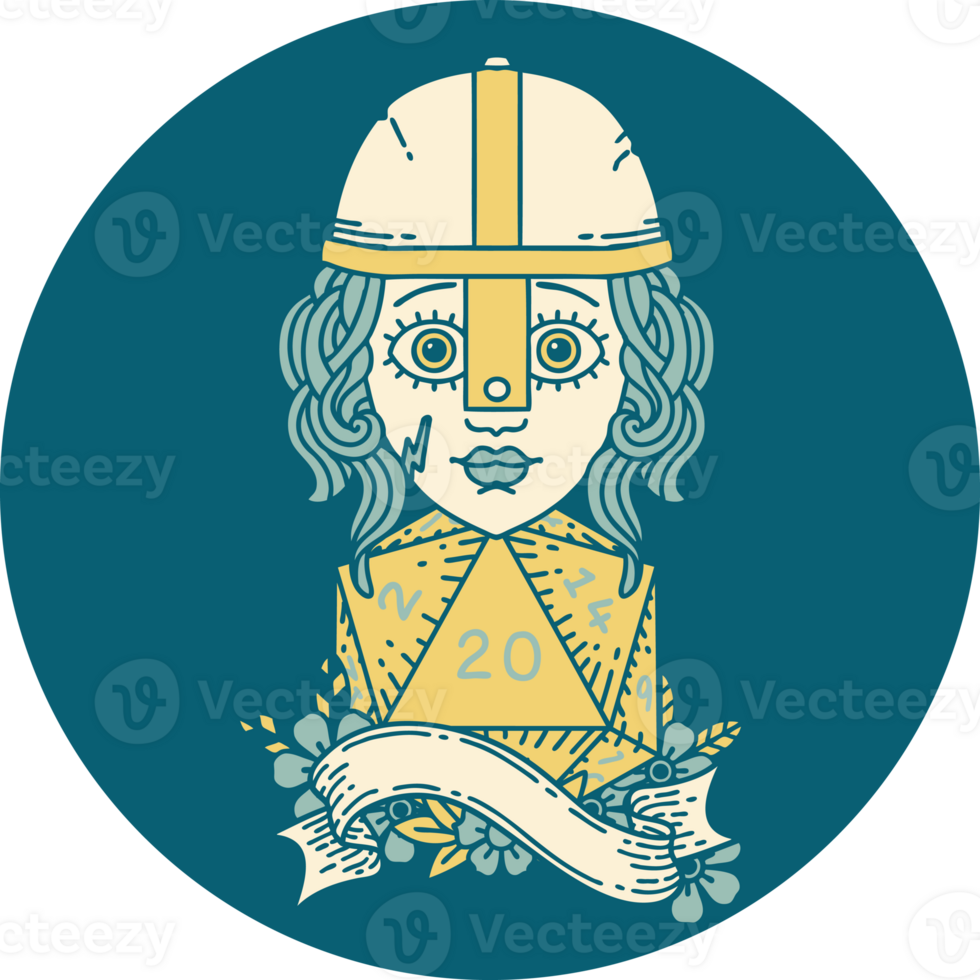 Retro Tattoo Style human fighter with natural twenty dice roll png