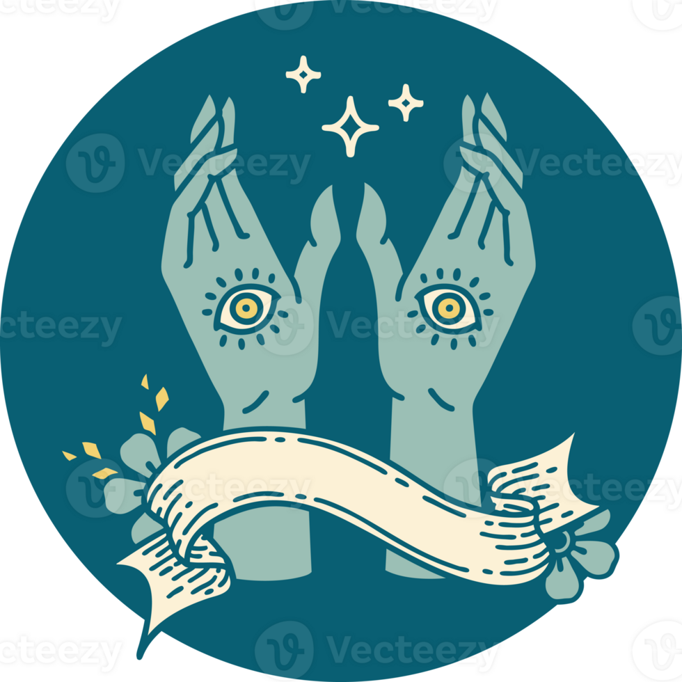 tattoo style icon with banner of mystic hands png
