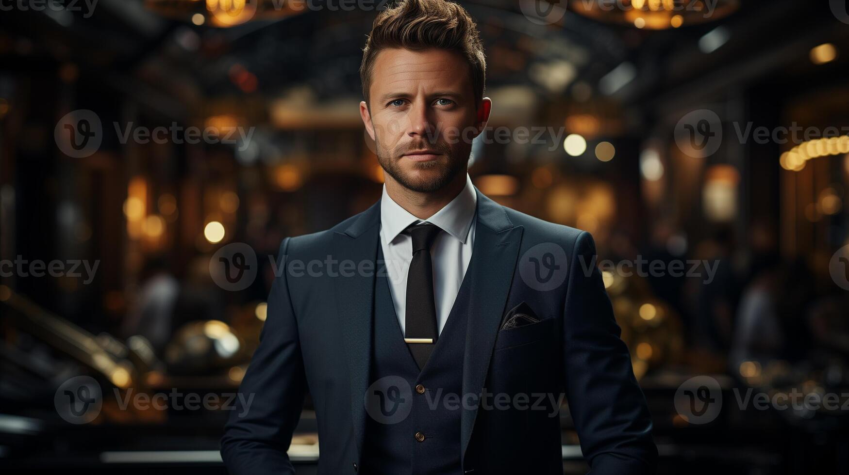 AI generated Business Owner, Male in suit blurred background. photo