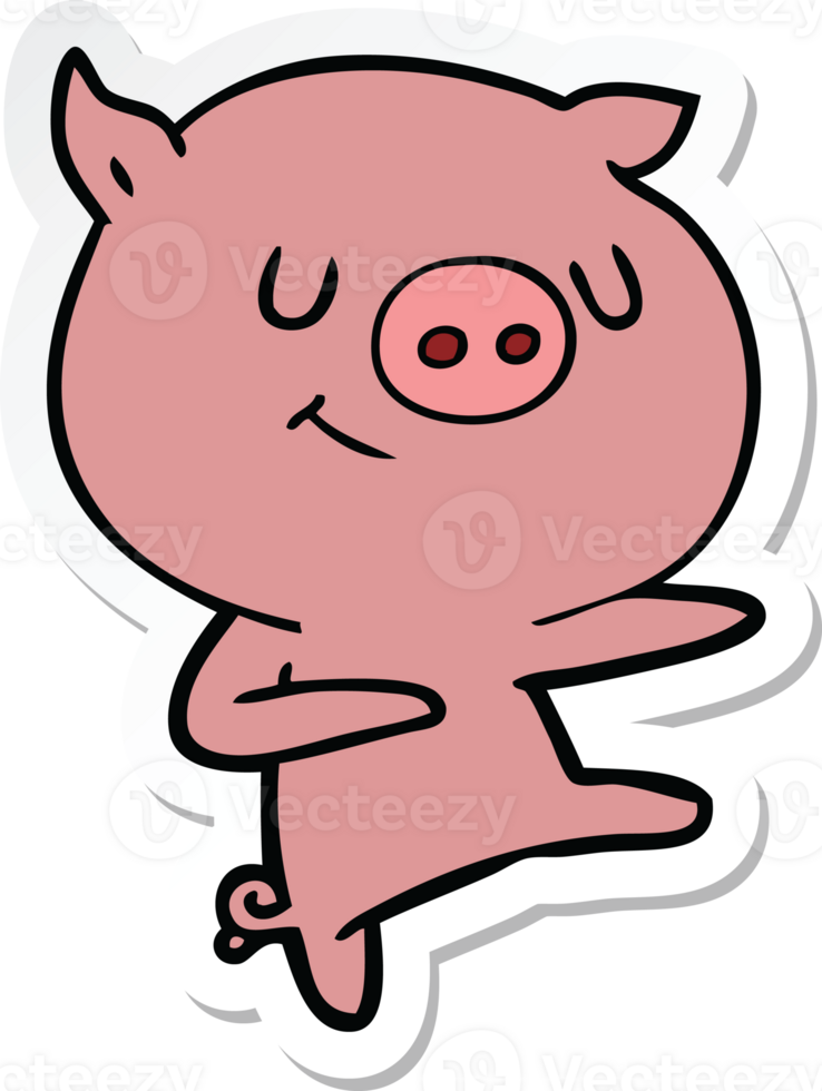 sticker of a happy cartoon pig dancing png