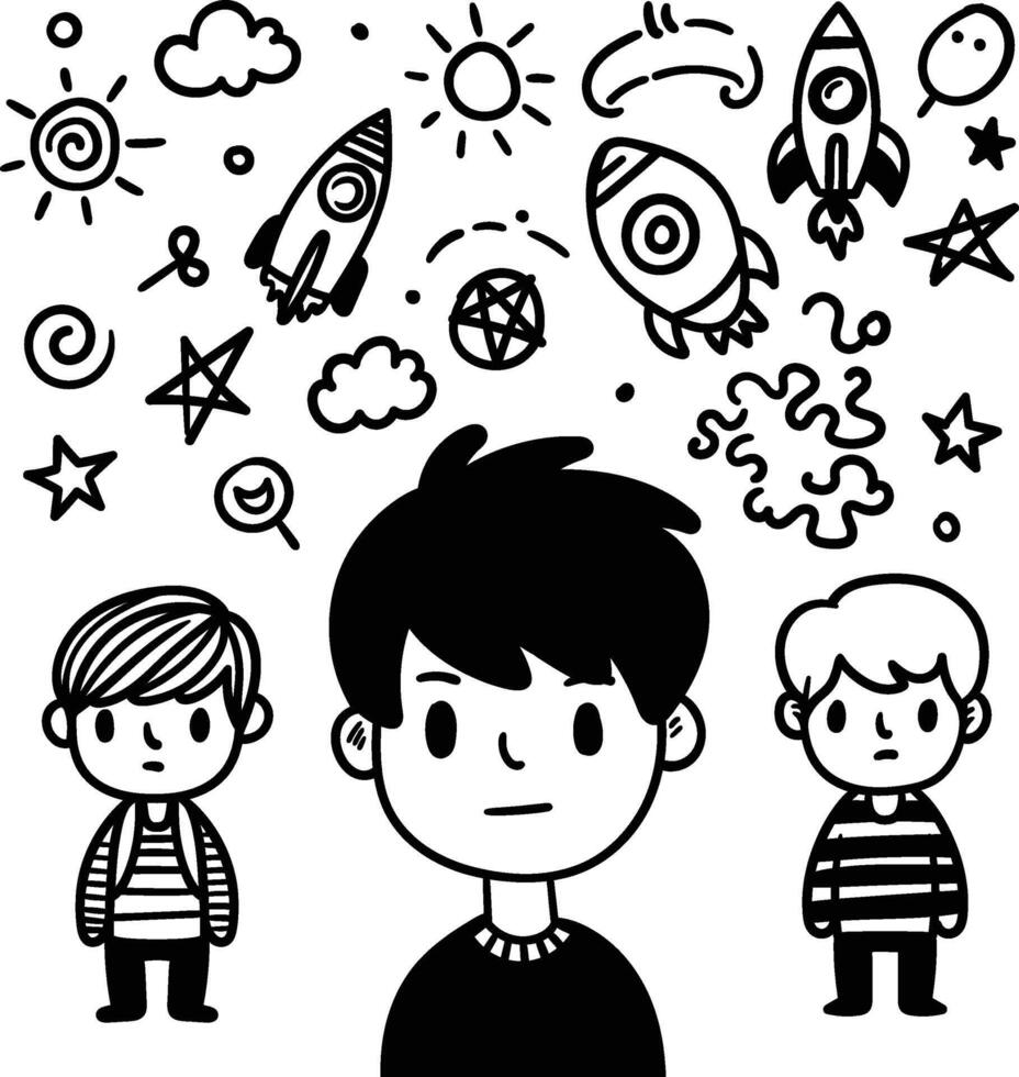 A boy surrounded by icons representing thoughts and ideas, captures the essence of a young minds creativity, ideal for educational and inspirational content vector