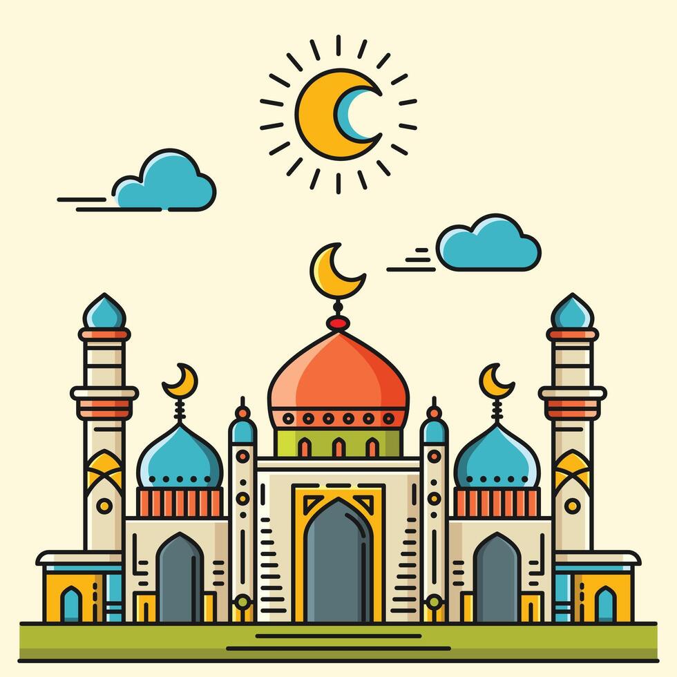 un vibrante ilustración de un mezquita con línea Arte estilo y plano color, Perfecto para ramadán, eid, y islámico evento. vector