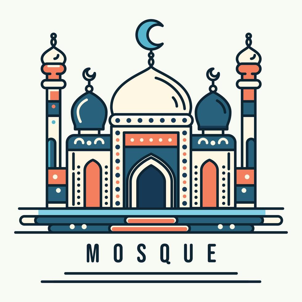 A vibrant illustration of a mosque with line art style and flat color, perfect for ramadan, eid, and islamic event. vector