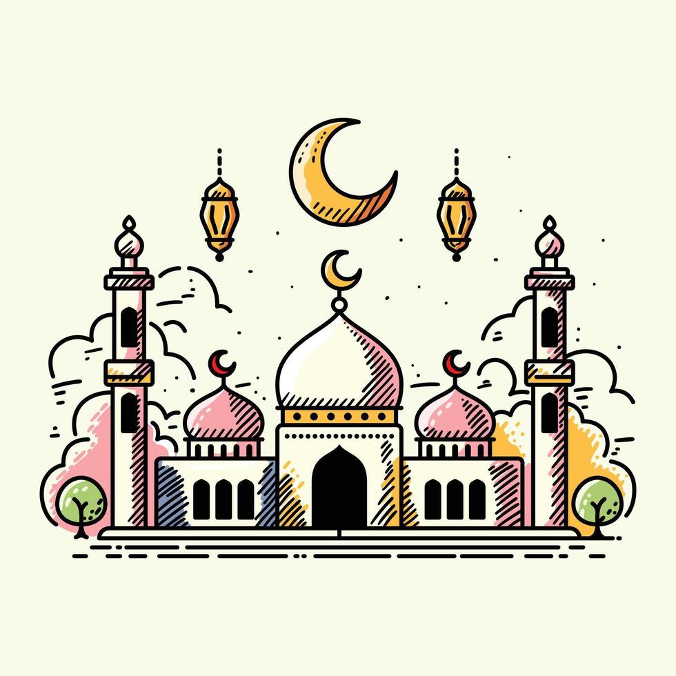 A vibrant illustration of a mosque with line art style and flat color, perfect for Ramadan, Eid, and Islamic event vector
