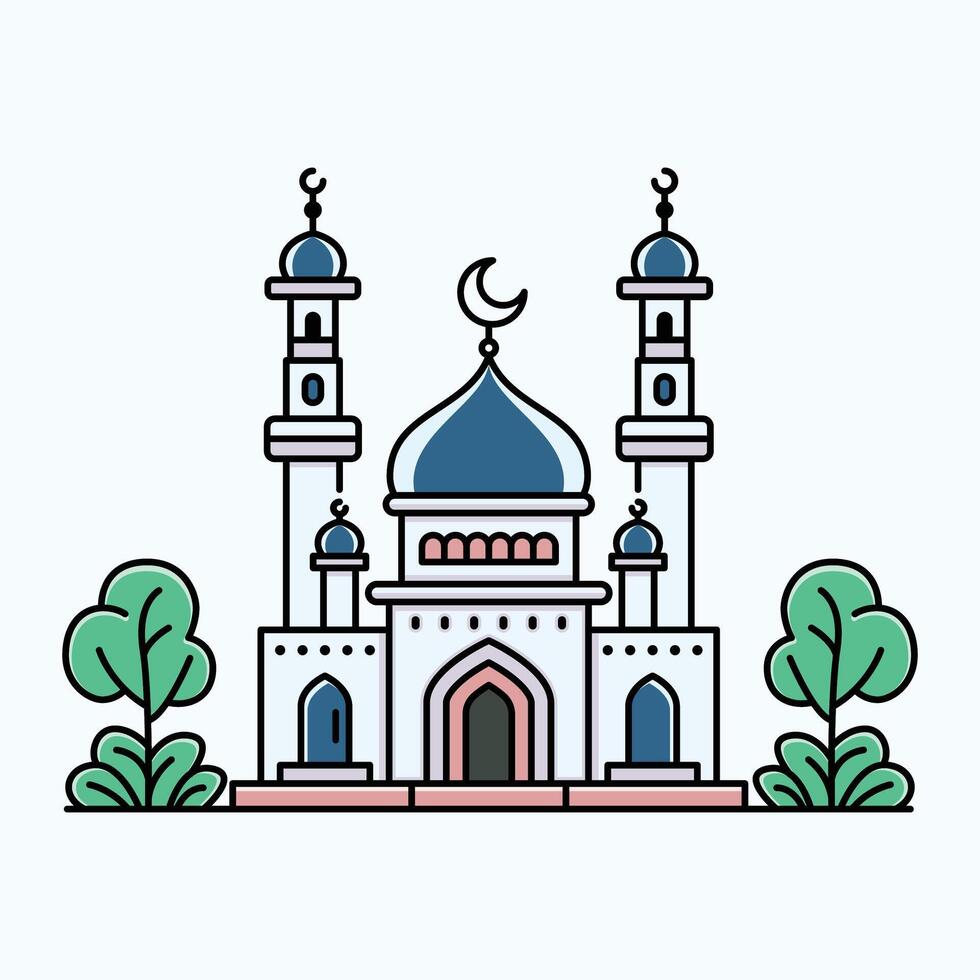 A vibrant illustration of a mosque with line art style and flat color, perfect for ramadan, eid, and islamic event. vector