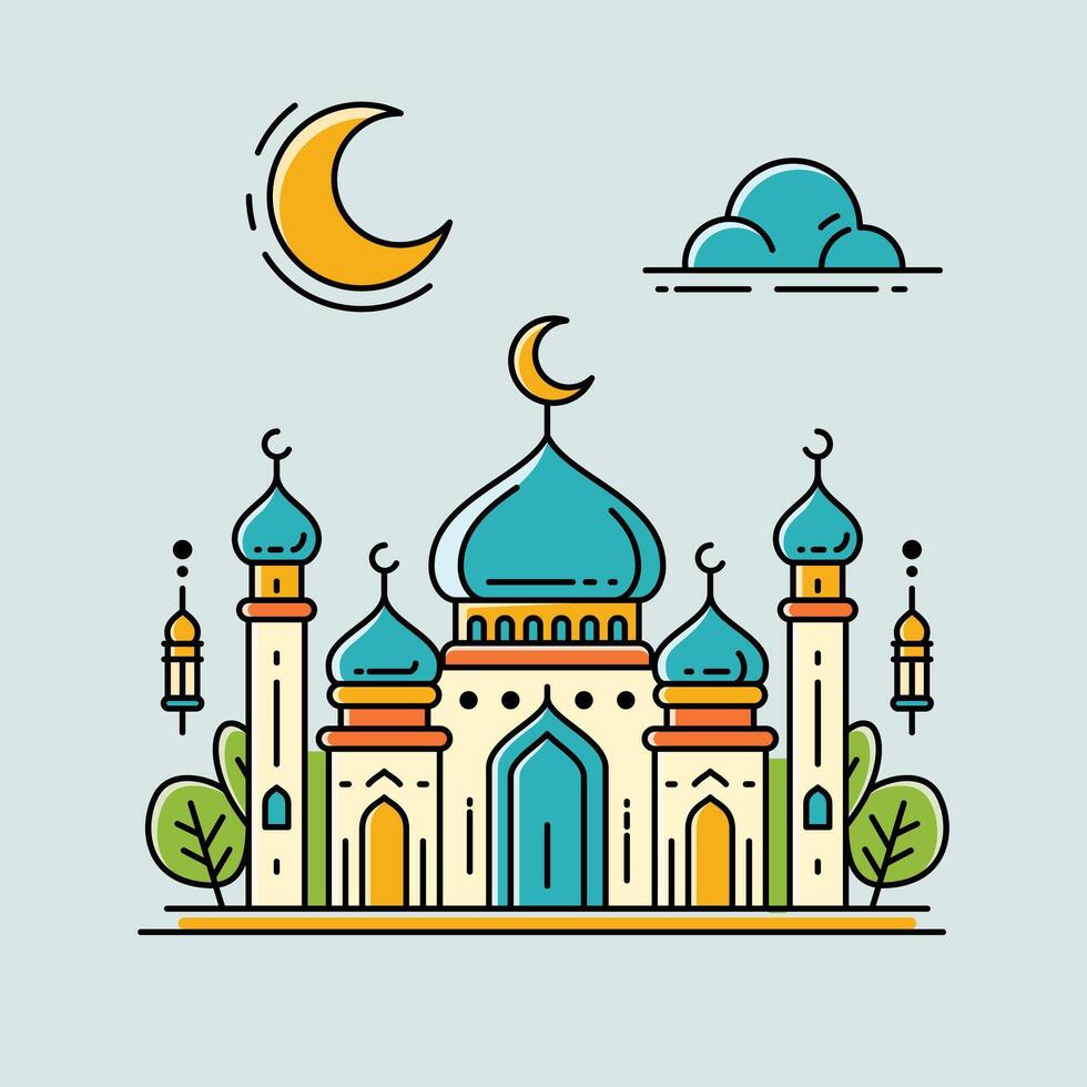 A vibrant illustration of a mosque with line art style and flat color, perfect for Ramadan, Eid, and Islamic event vector