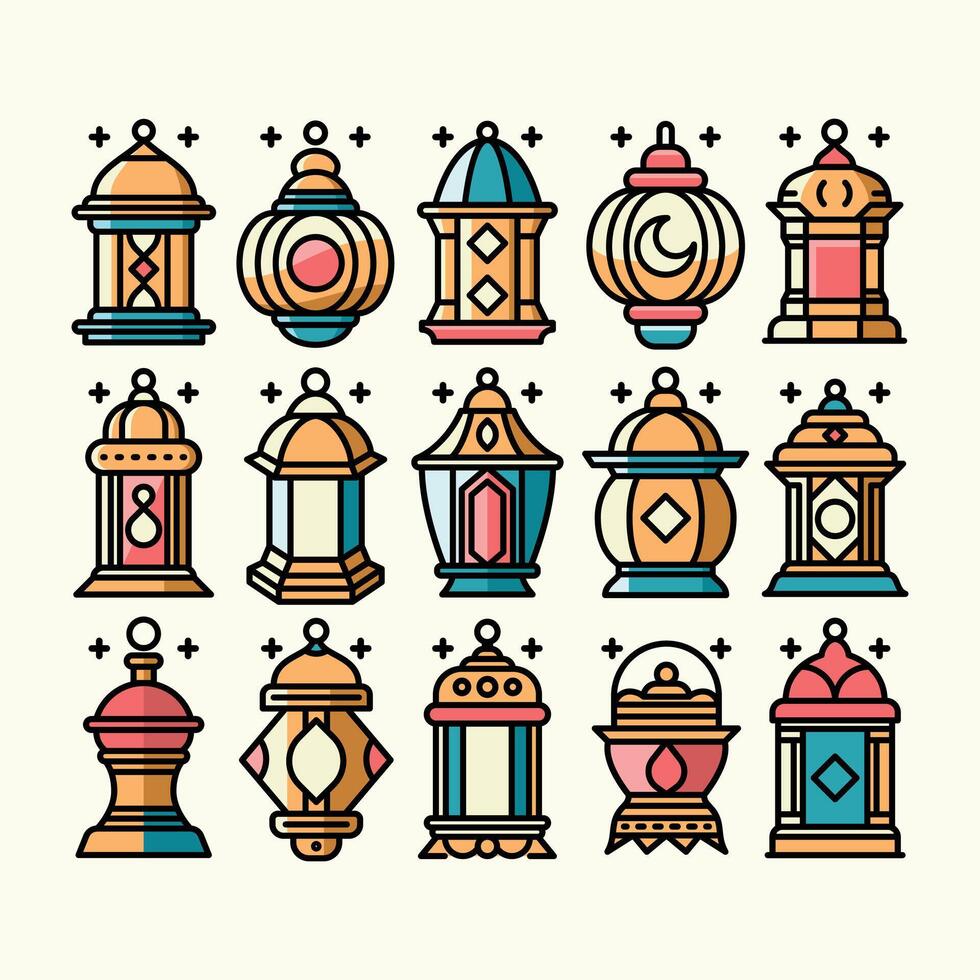 A vibrant set of colorful ornate lanterns illustration with line art and flat color design style. vector