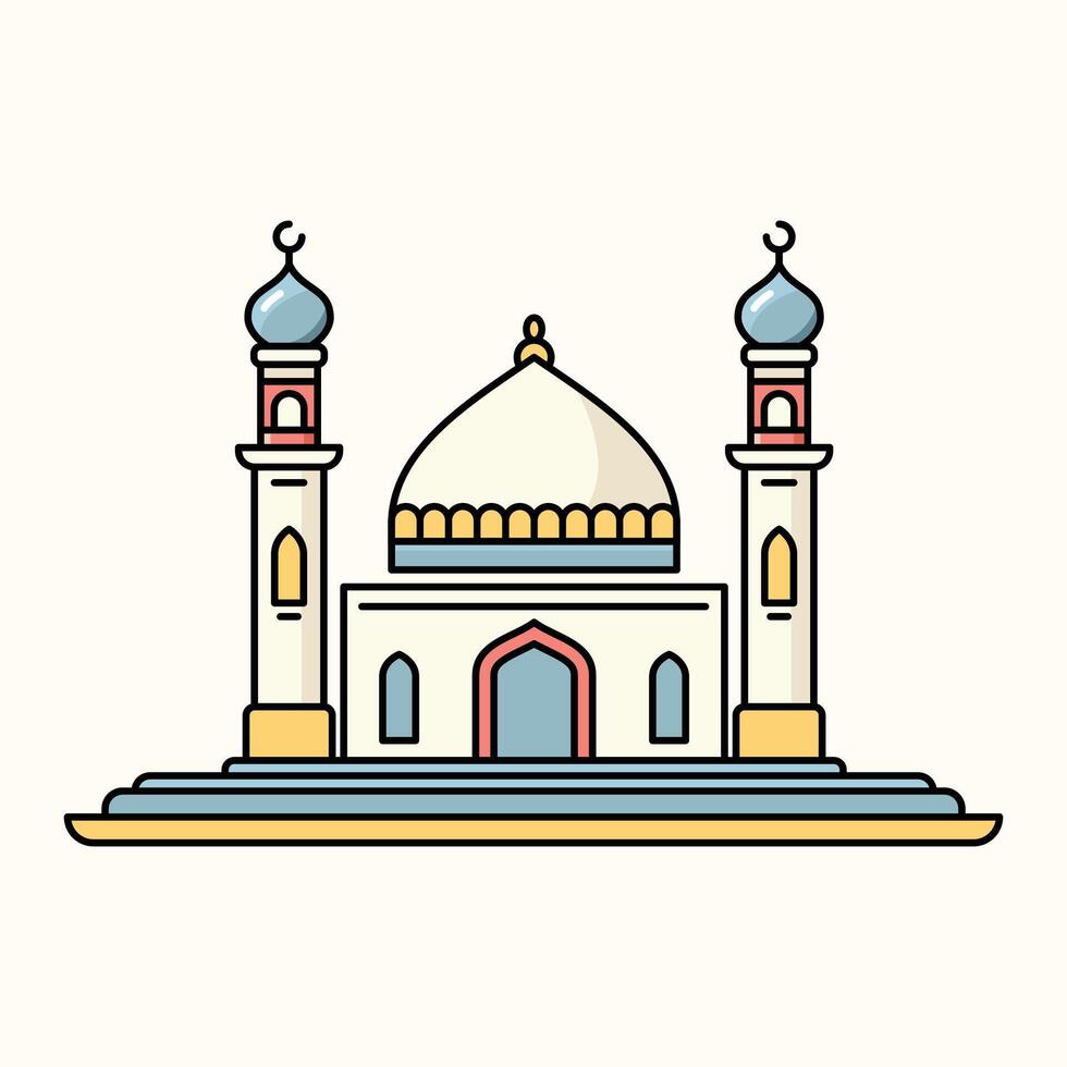 A vibrant illustration of a mosque with line art style and flat color, perfect for ramadan, eid, and islamic event. vector