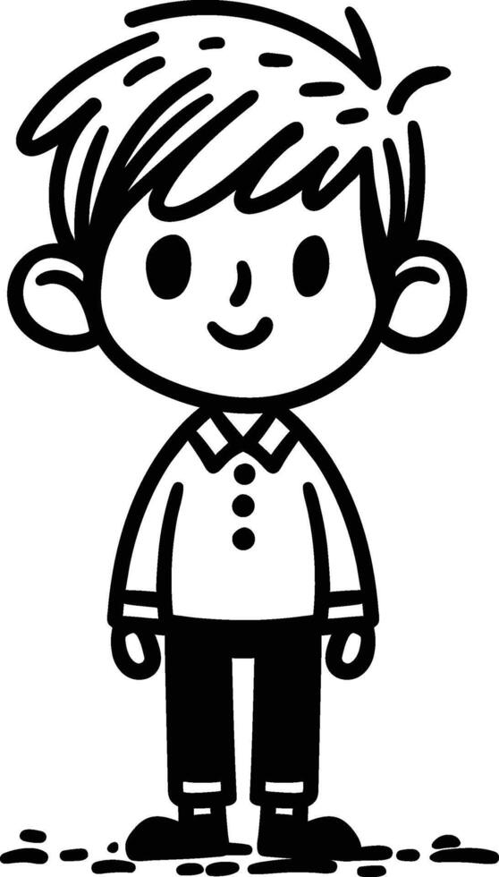 un negro y blanco ilustración de un sonriente dibujos animados chico, en pie con confianza. ideal para para niños contenido, sencillo y simpático diseño vector