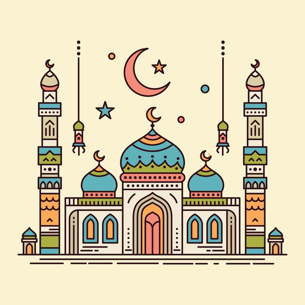 A vibrant illustration of a mosque with line art style and flat color, perfect for ramadan, eid, and islamic event. vector
