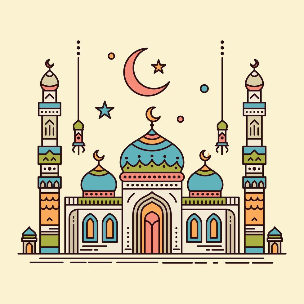 un vibrante ilustración de un mezquita con línea Arte estilo y plano color, Perfecto para ramadán, eid, y islámico evento. vector