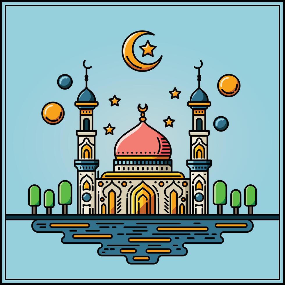 A vibrant illustration of a mosque with line art style and flat color, perfect for ramadan, eid, and islamic event. vector