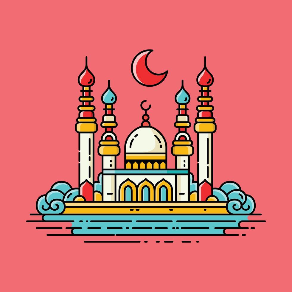 A vibrant illustration of a mosque with line art style and flat color, perfect for Ramadan, Eid, and Islamic event vector