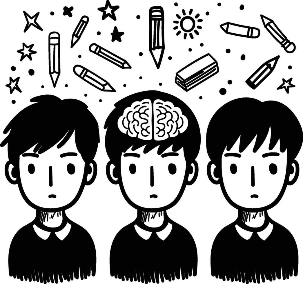 A boys characters head surrounded by icons of books, pencils, rulers, and more, illustrating a burst of creativity, ideas, and imagination. vector