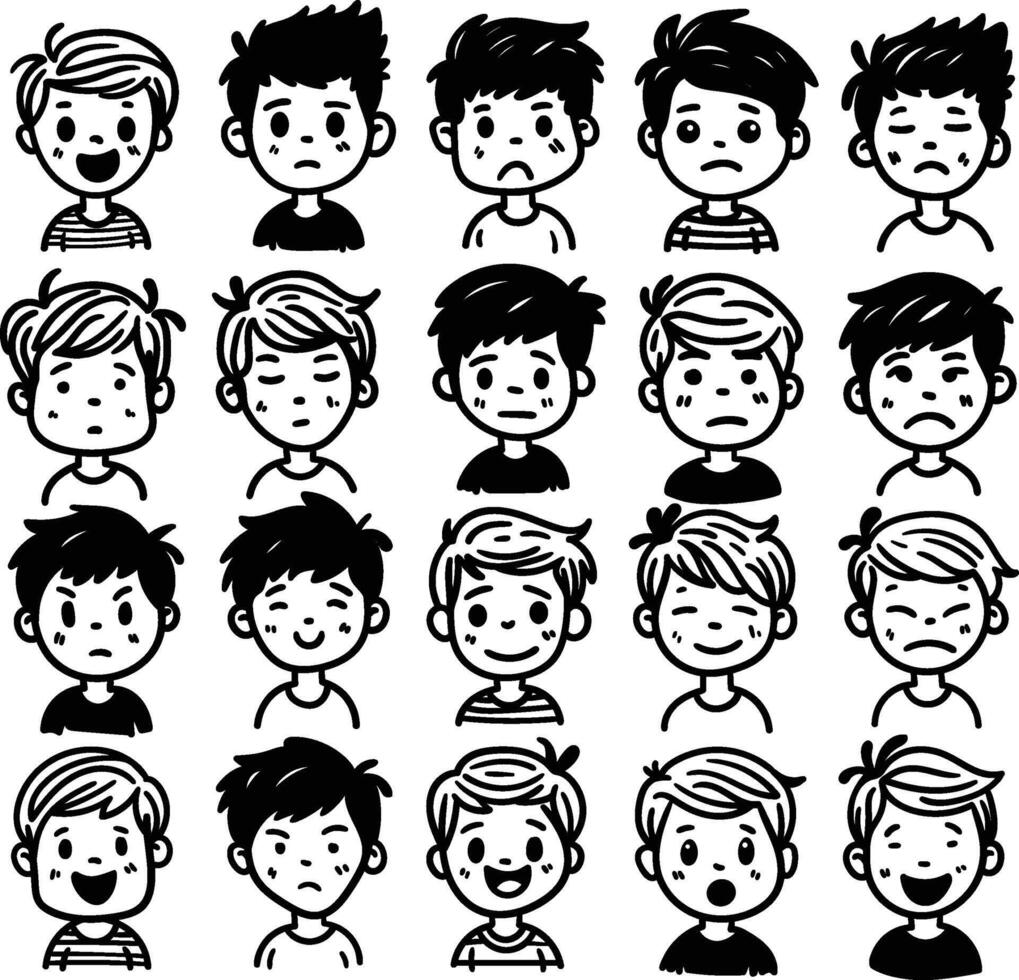 A set of hand-drawn faces showcasing various emotions, perfect for visual content in psychology or education vector