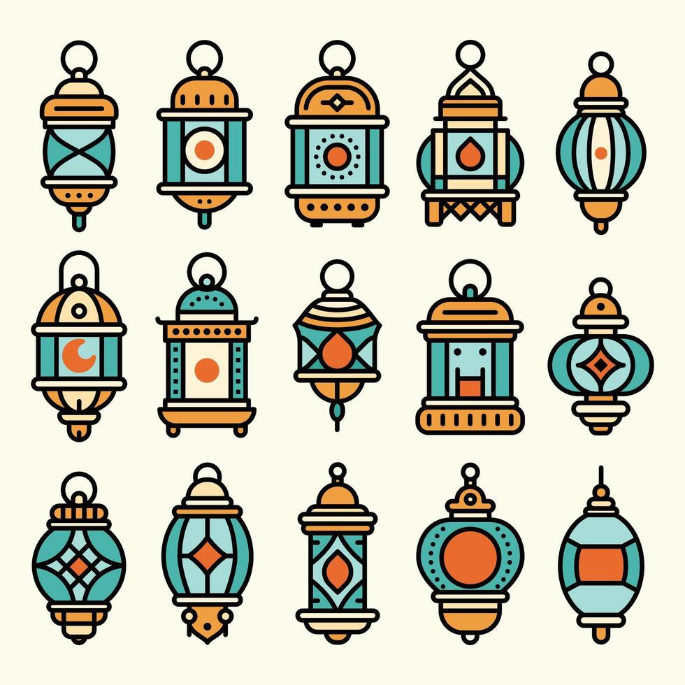 A vibrant set of colorful ornate lanterns illustration with line art and flat color design style. vector