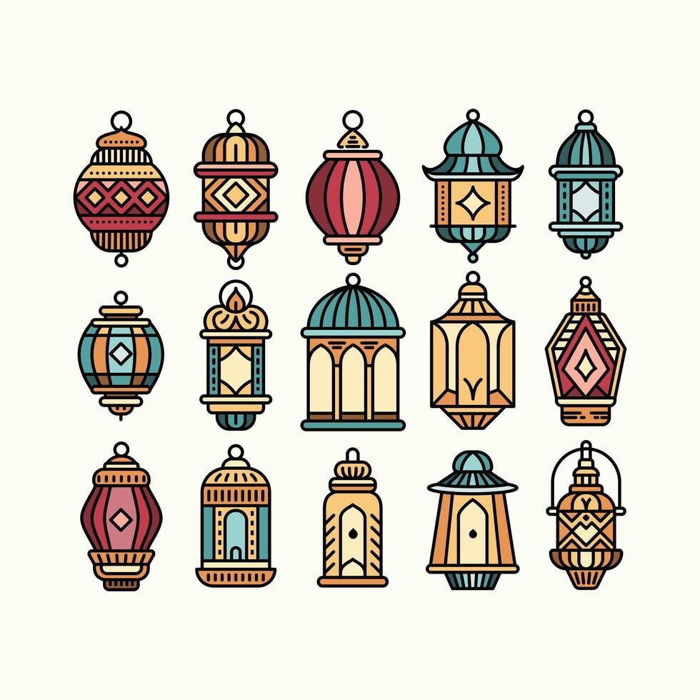 A vibrant set of colorful ornate lanterns illustration with line art and flat color design style. vector