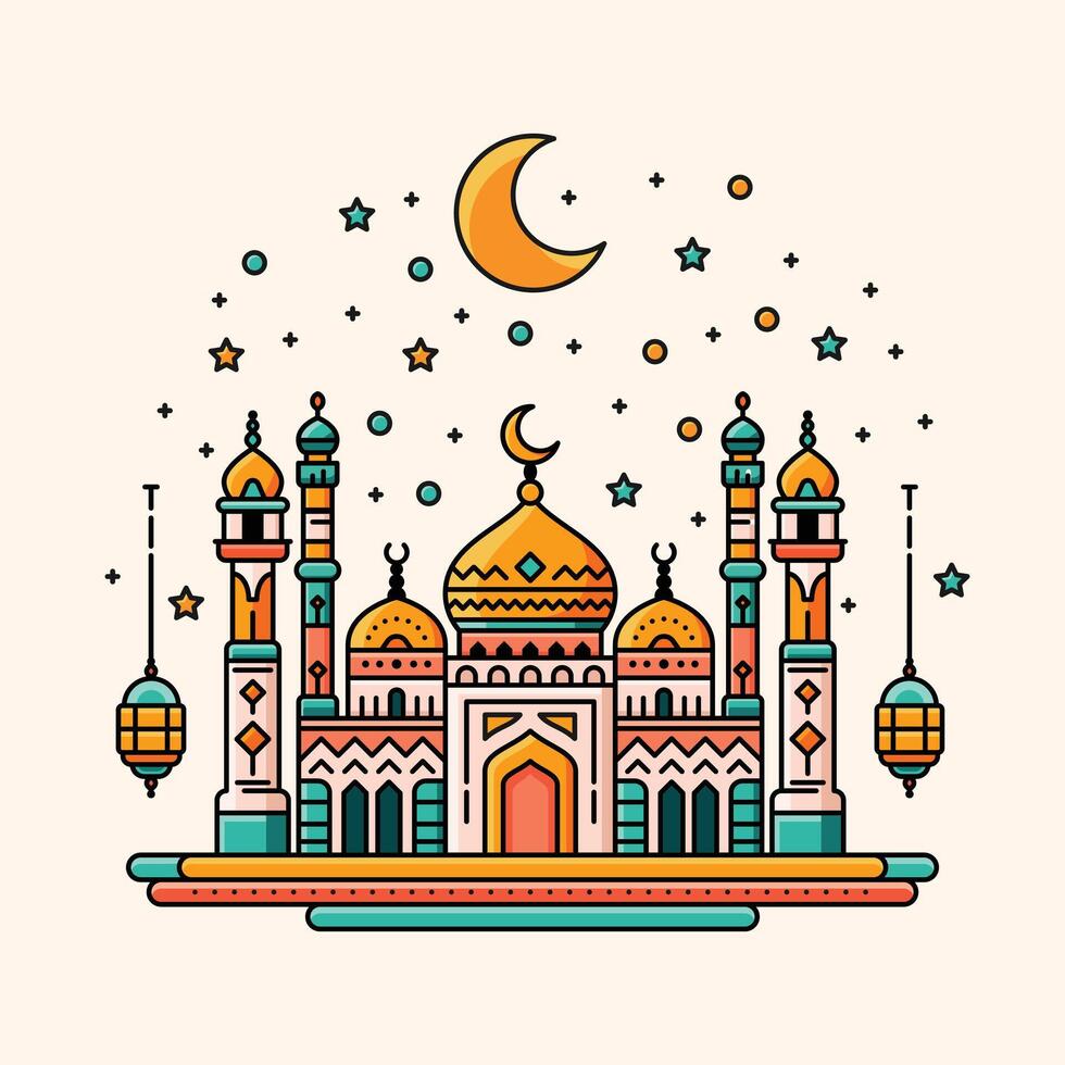 A vibrant illustration of a mosque with line art style and flat color, perfect for ramadan, eid, and islamic event. vector