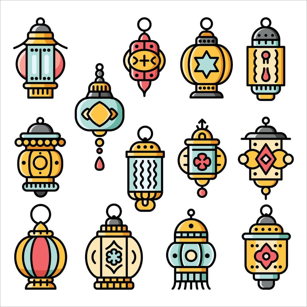 A vibrant set of colorful ornate lanterns illustration with line art and flat color design style. vector