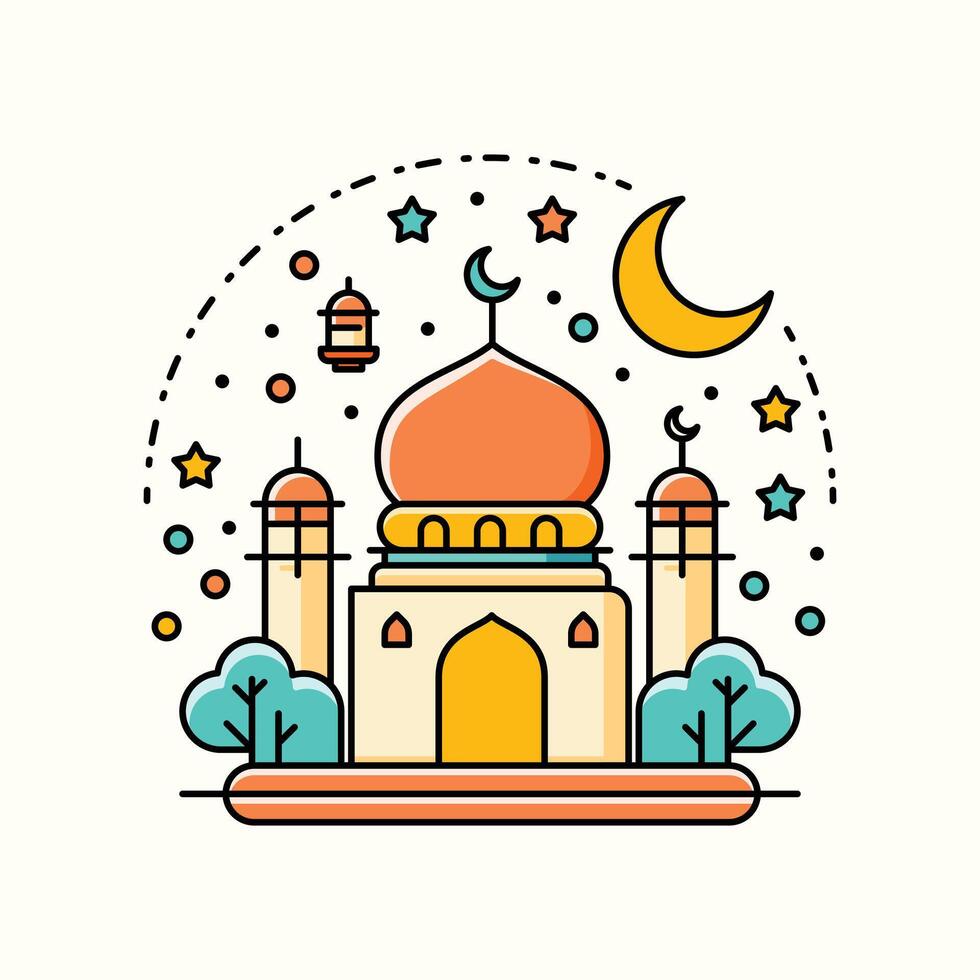 A vibrant illustration of a mosque with line art style and flat color, perfect for ramadan, eid, and islamic event. vector