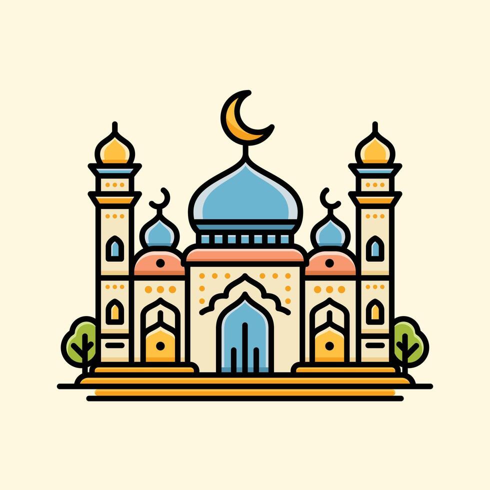 un vibrante ilustración de un mezquita con línea Arte estilo y plano color, Perfecto para ramadán, eid, y islámico evento vector