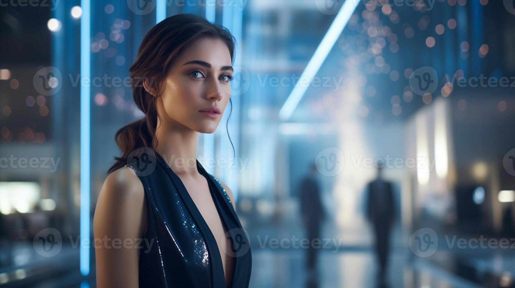 AI generated Woman in Futuristic Fashion Dress blurred background photo