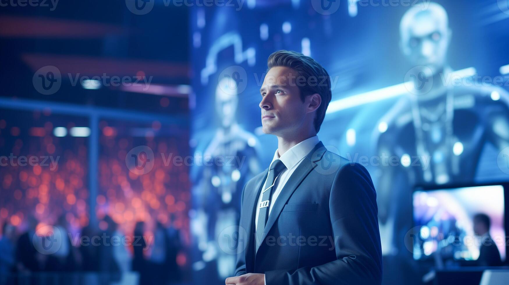 AI generated Man in futuristic suit. Technology Summit Future Artificial Intelligence concept photo