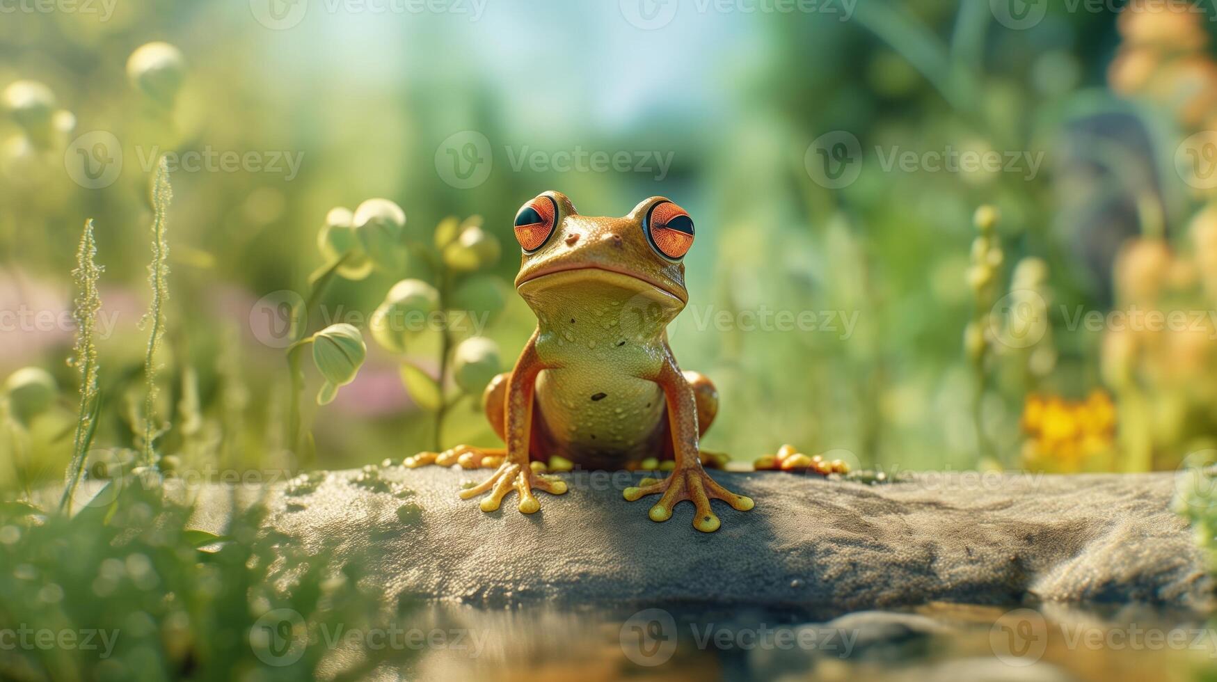 AI generated Cute orange frog on stone photo