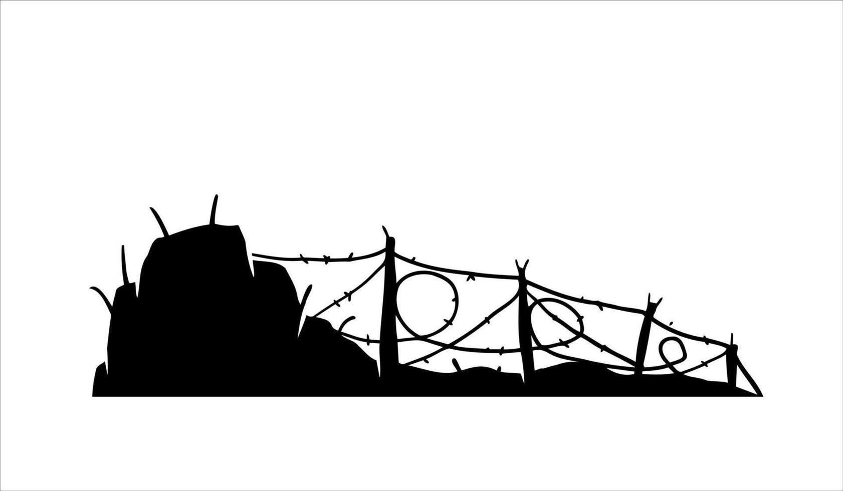 mordaz cable. silueta de militar barricadas defensivo fortificaciones. paisaje de moderno militar conflicto. negro ilustración aislado en blanco vector