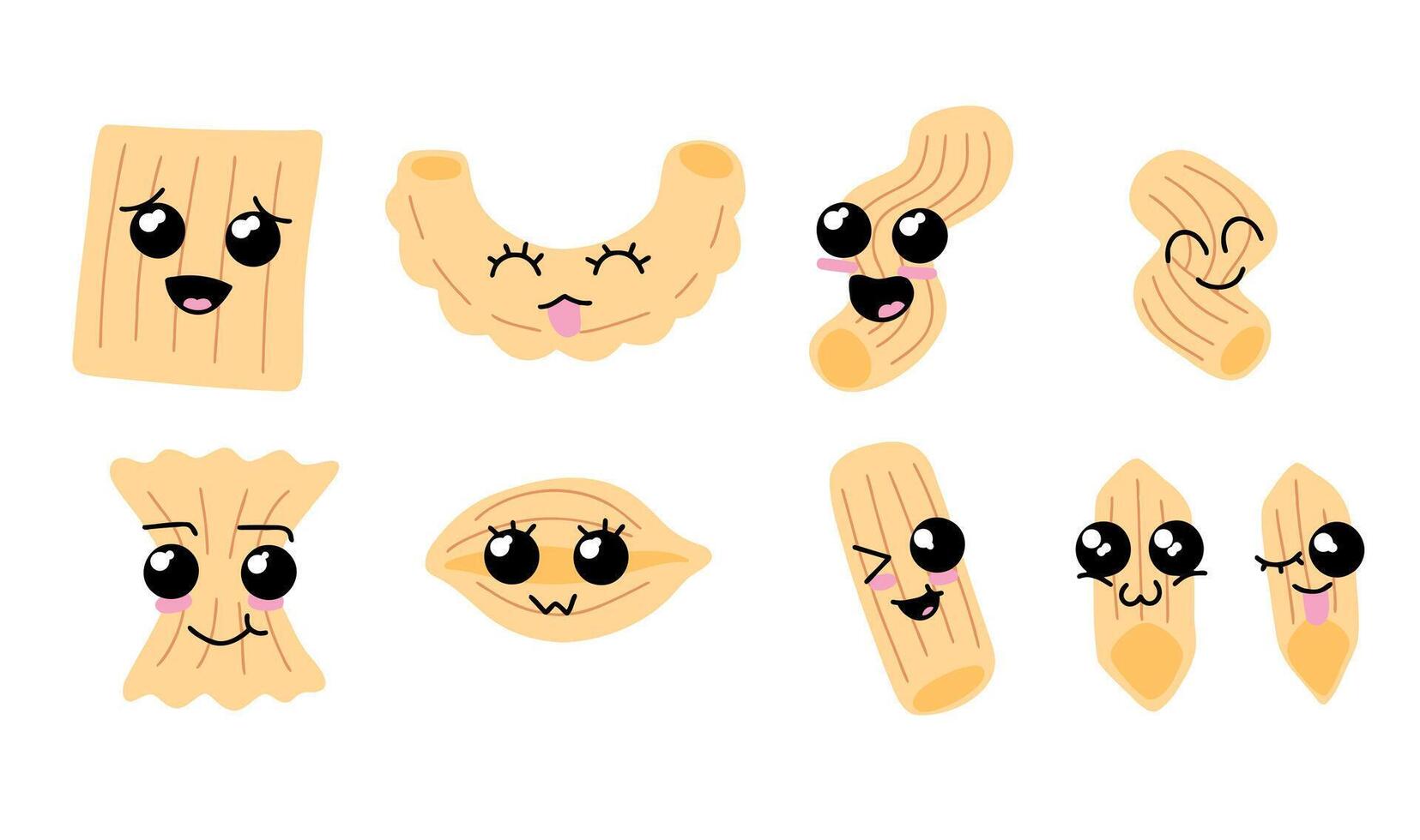 Pasta Character. Set of Smiling Kawaii happy face of spaghetti or italian macaroni food. Decoration for restaurant menu. Traditional ingredient mascot. Flat cartoon illustration vector