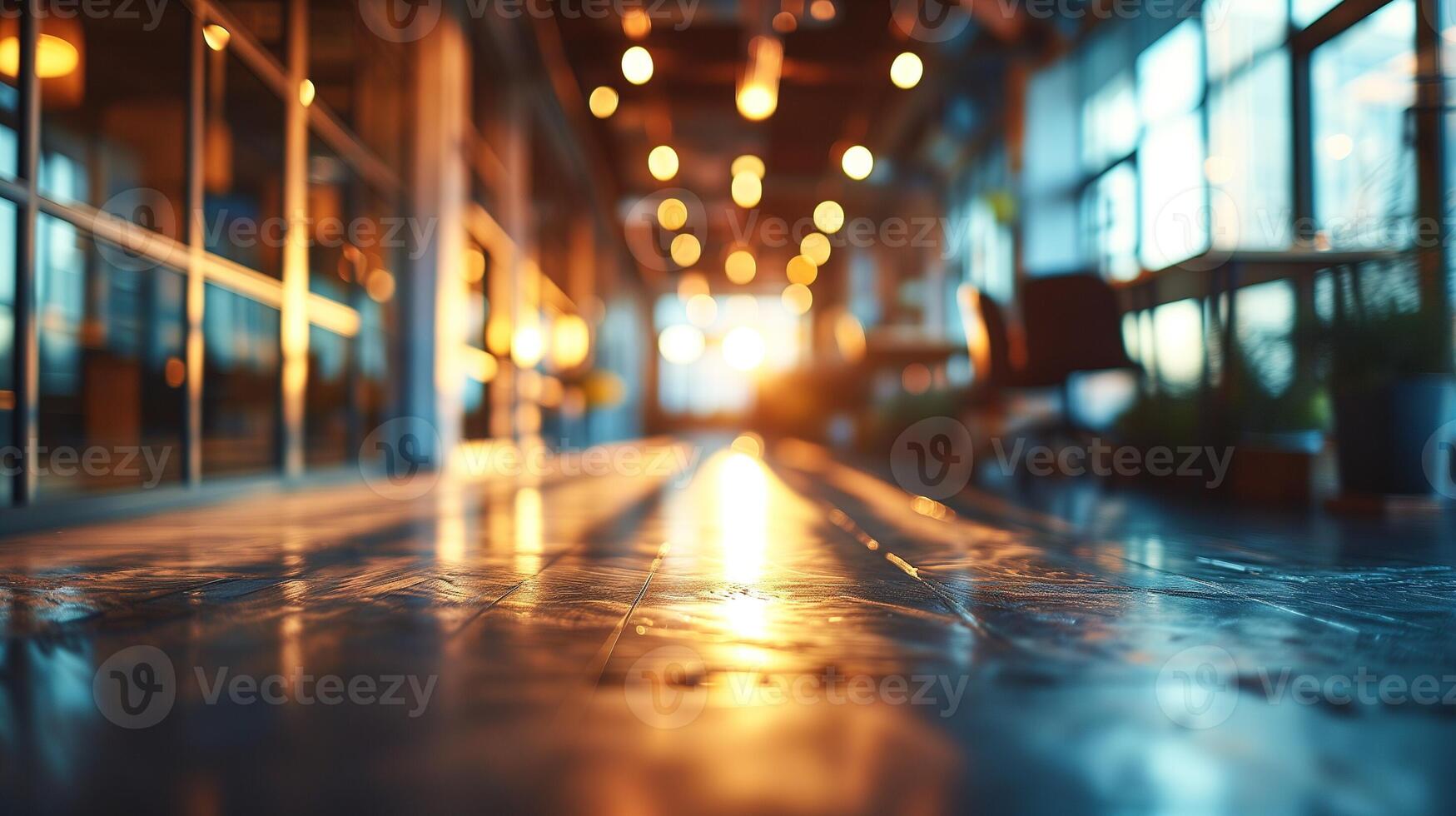 AI generated Office Interior with Reflective Glass Partitions, Contemporary Workspace Design, Blurred Concept of Corporate Business Environment photo