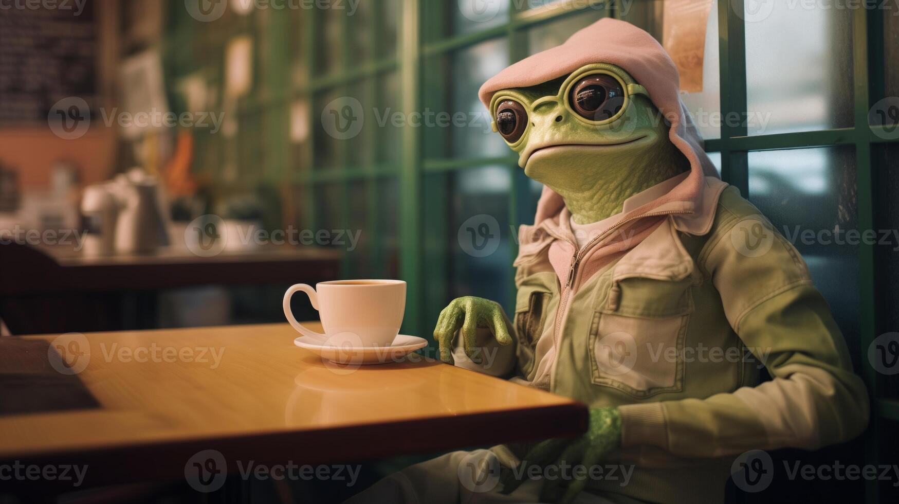 AI generated Hipster frog in cafe photo