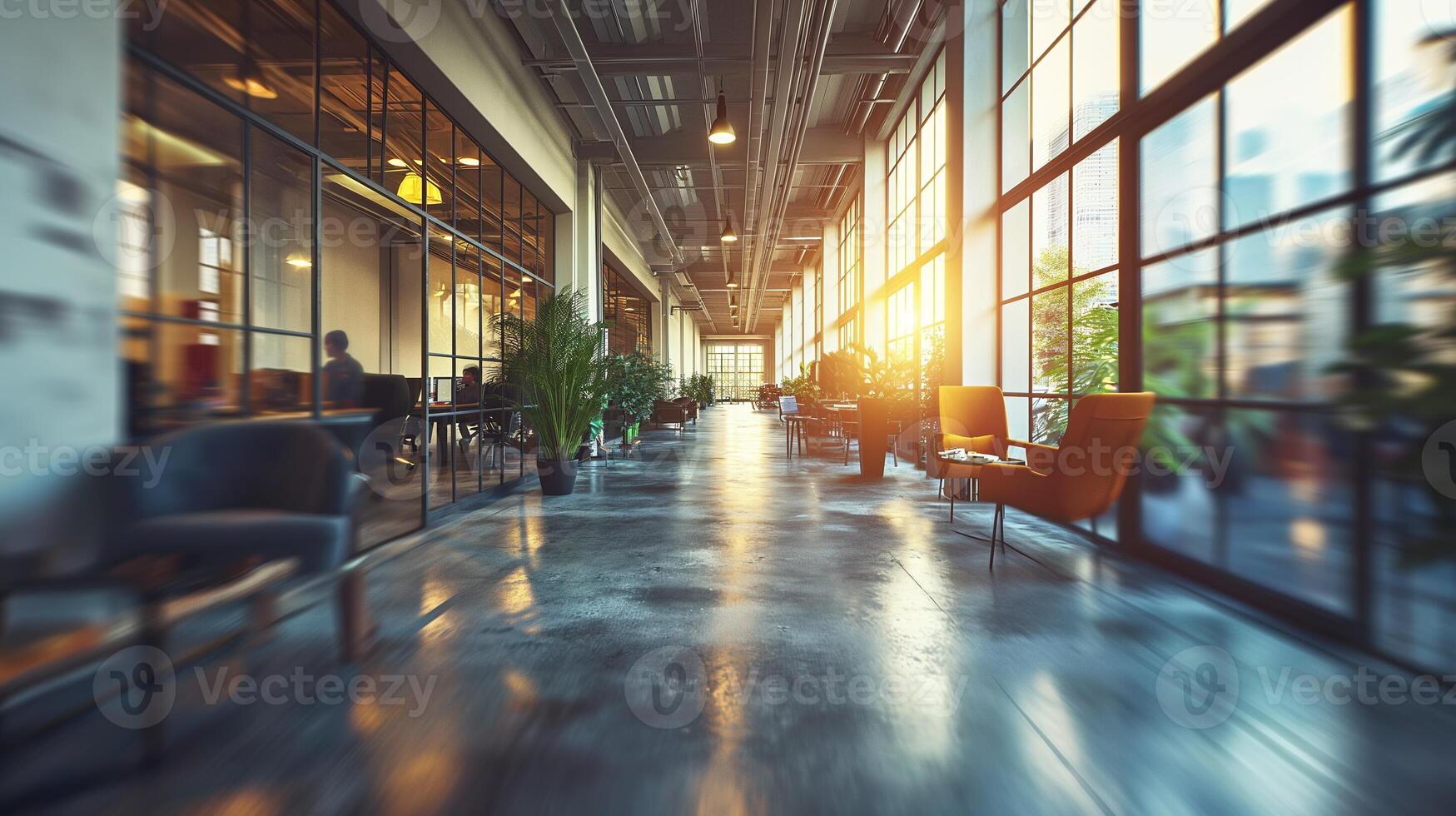 AI generated Office Interior with Reflective Glass Partitions, Contemporary Workspace Design, Blurred Concept of Corporate Business Environment photo