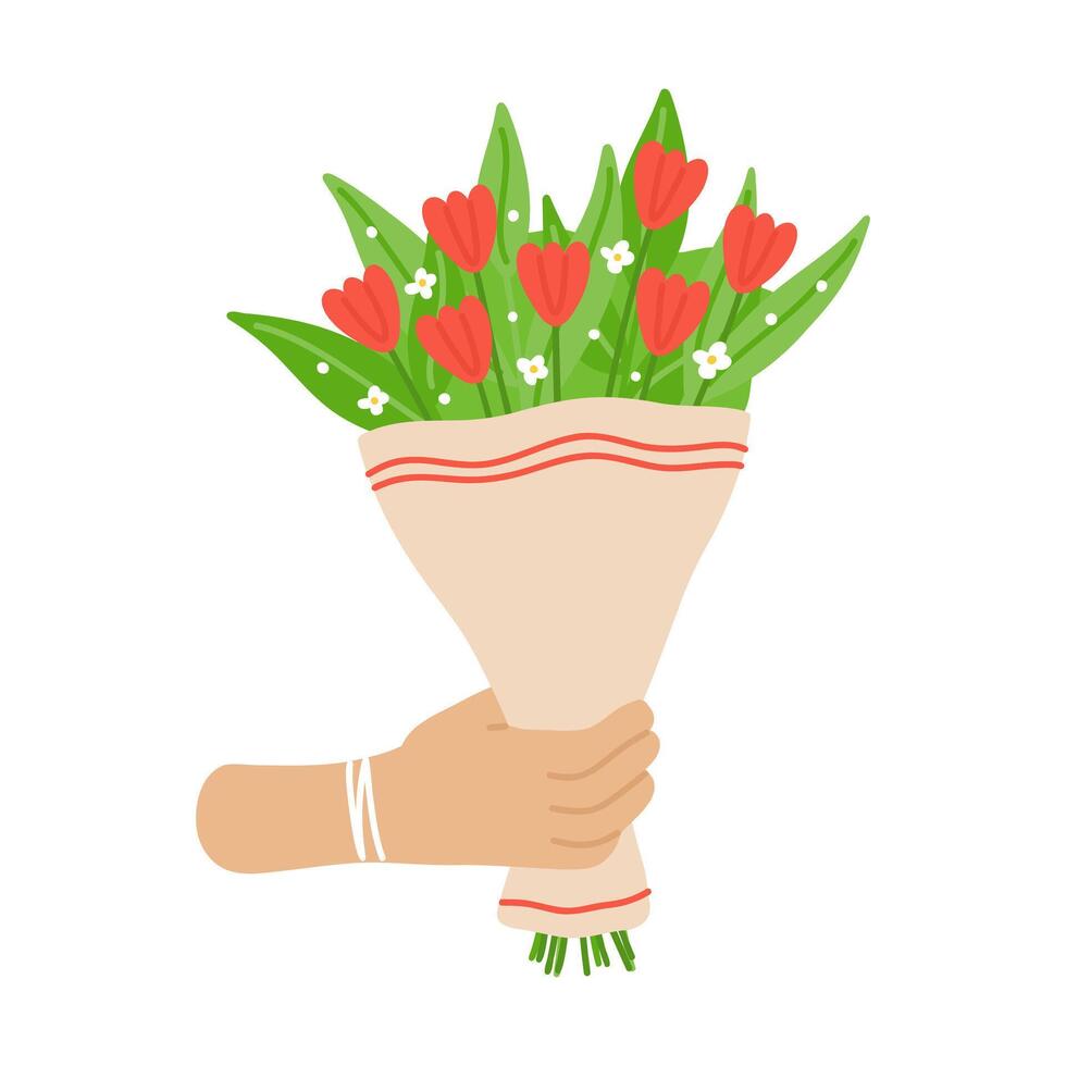 mano icono participación ramo de flores con tulipanes mano dibujado plano dibujos animados elemento. vector ilustración