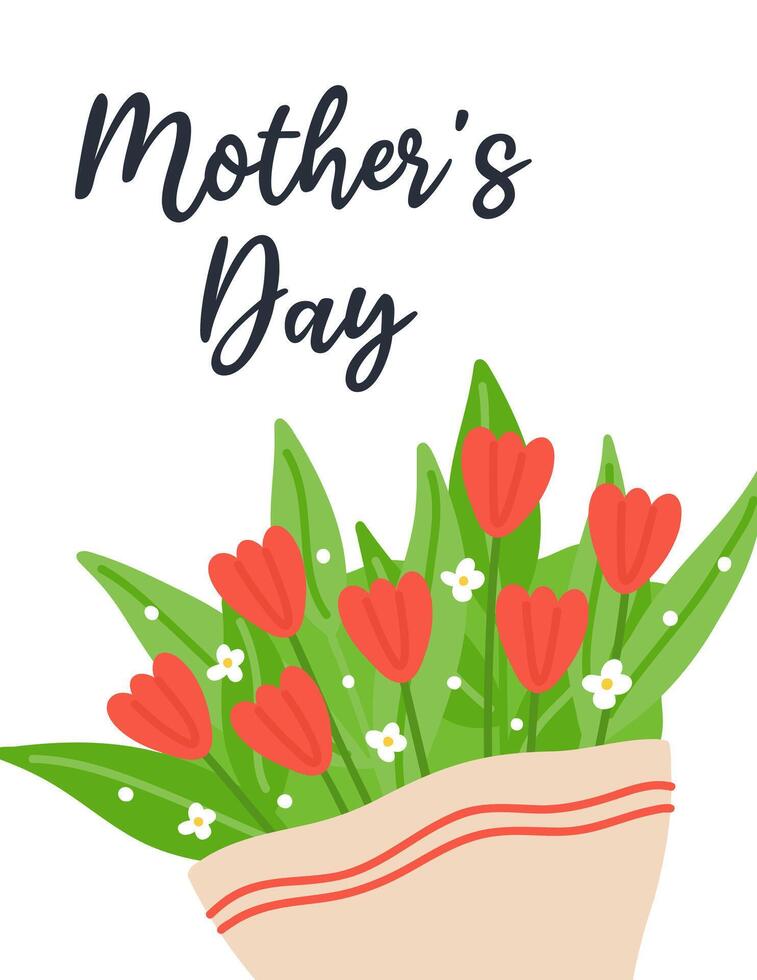 International Mother's Day Card with bouquet of tulips. Red flowers in wrapping paper. Hand drawn flat cartoon elements on white background. Vector illustration